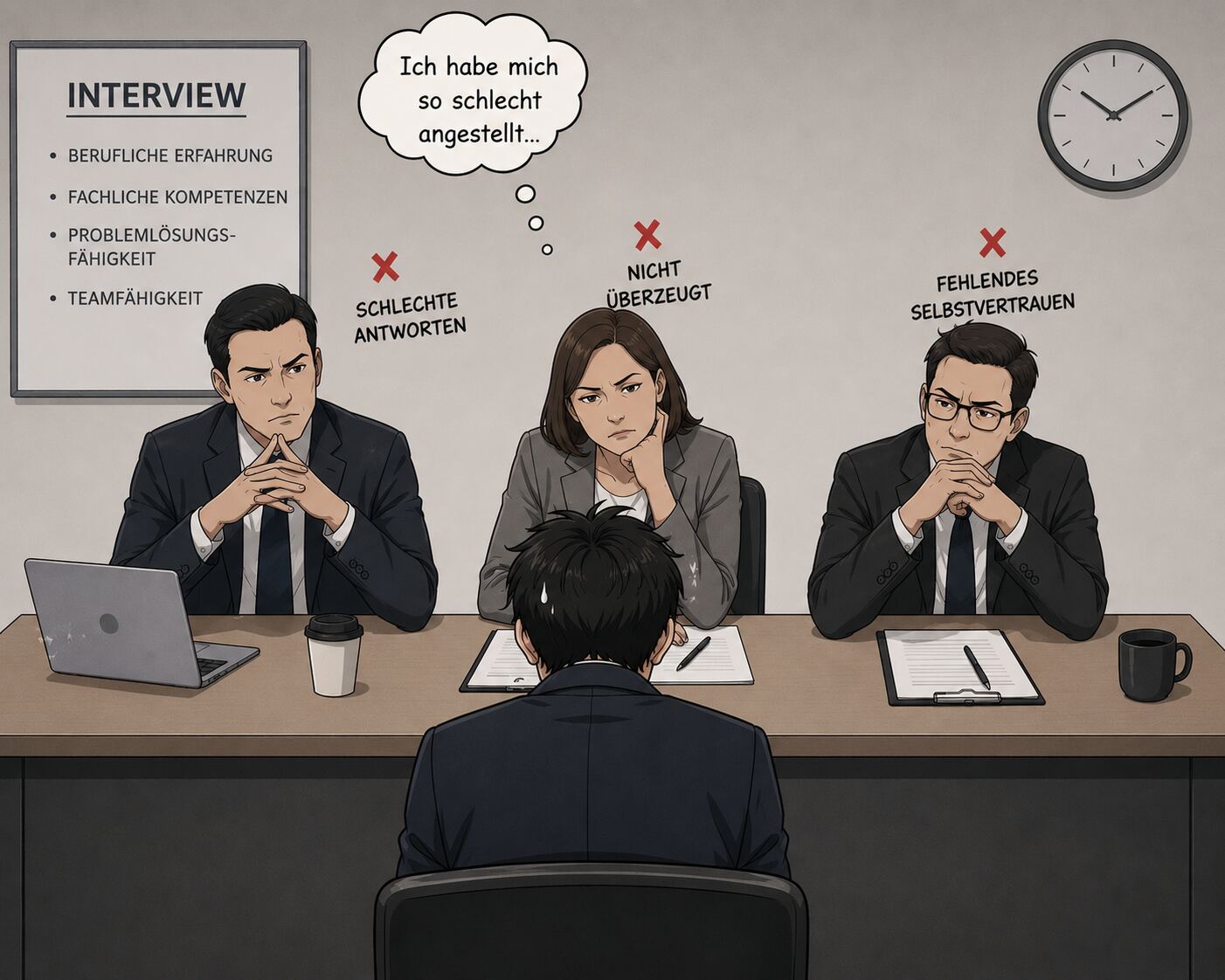 Illustration: Drei Interviewer sitzen mit versteinerter Miene einem Kandidaten gegenüber, ihre Notizen vermerken „schwache Antworten“, „nicht überzeugt“, „wenig Selbstvertrauen“.