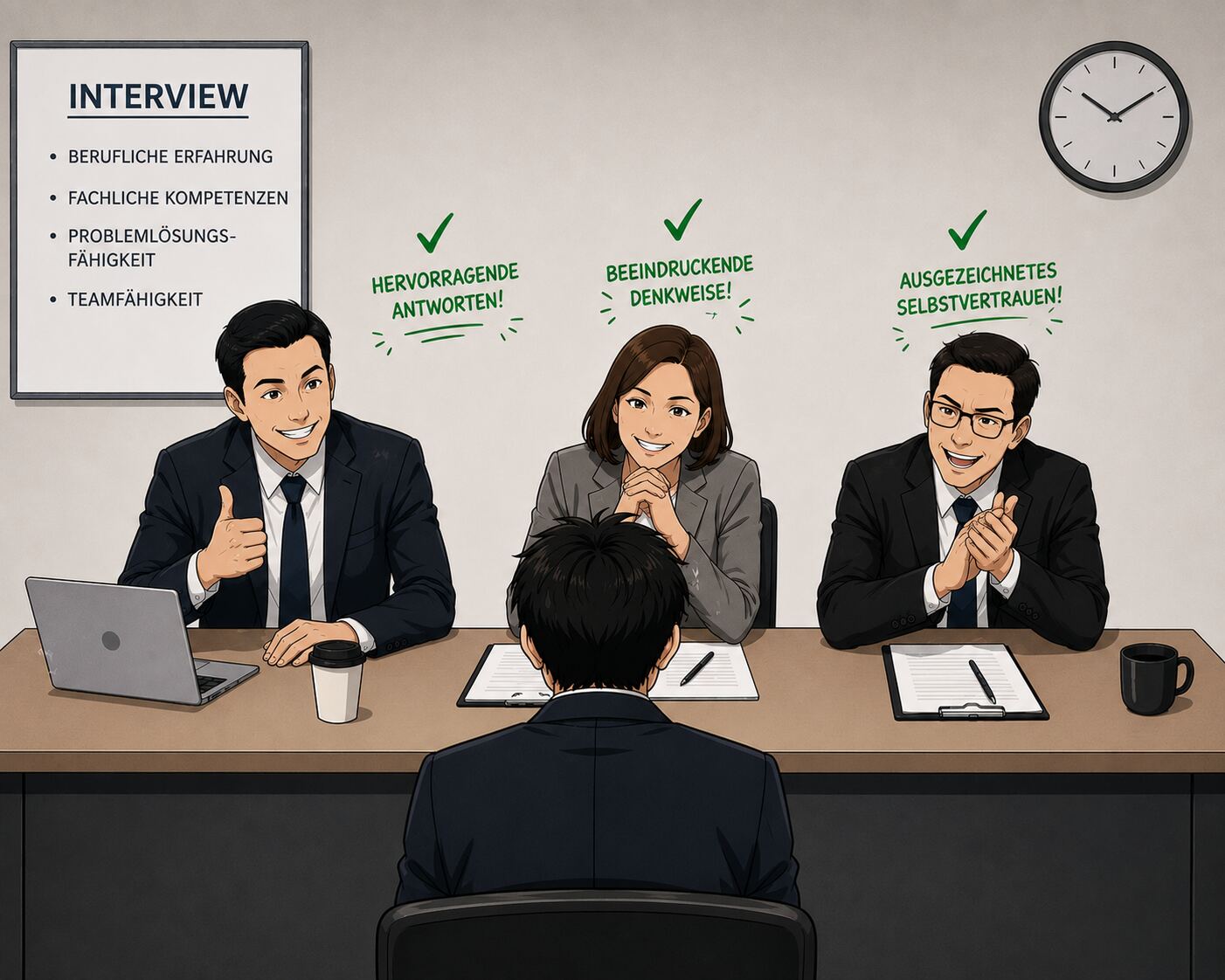 Illustration: Dieselben drei Interviewer, jetzt lächelnd und applaudierend, ihre Notizen vermerken „herausragende Antworten“, „beeindruckendes Denken“, „starkes Selbstvertrauen“.