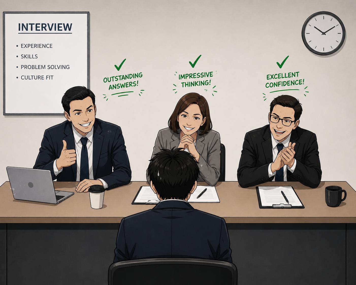 Illustration: the same three interviewers, now smiling and applauding the same candidate, their notes marked "outstanding answers", "impressive thinking", "excellent confidence".